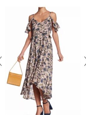 Jessica Simpson Floral Cold-Shoulder High-Low Midi Dress in Blush and Blue